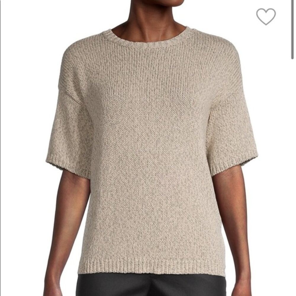 Eileen Fisher Beige Knit Short Sleeve Sweater Capsule Modern Minimalist XS NWT